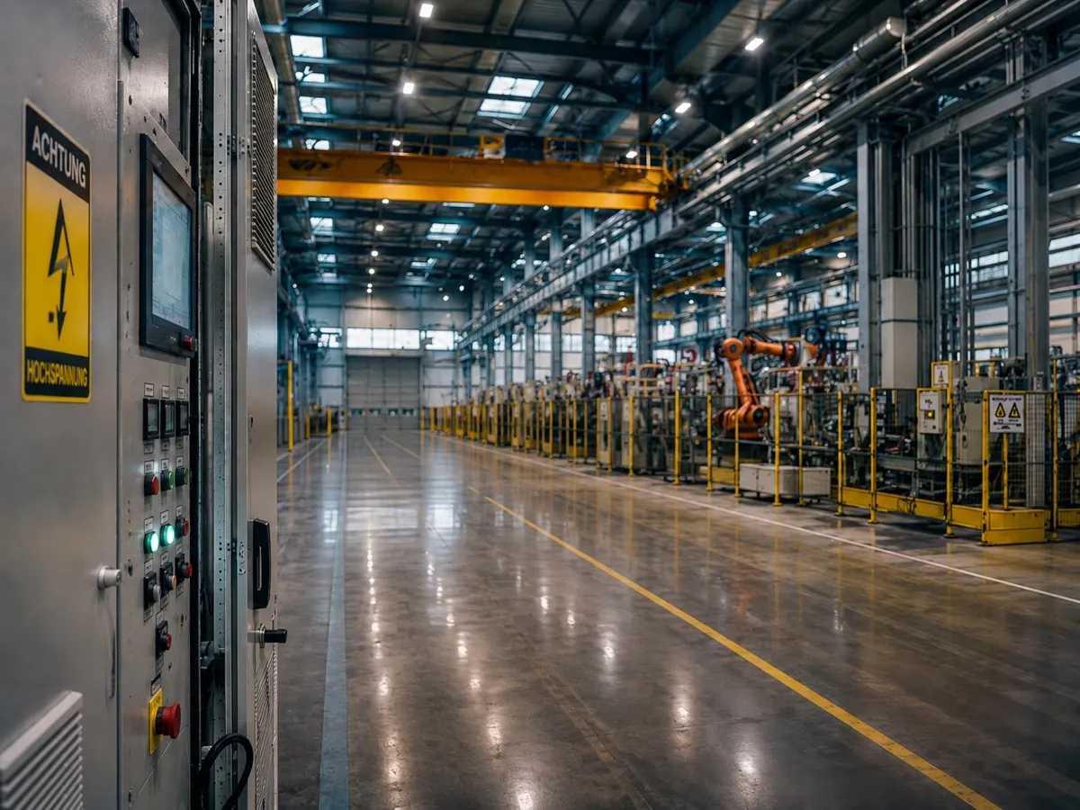 Automatisierte Fertigungshalle mit Robotern und Schaltschrank